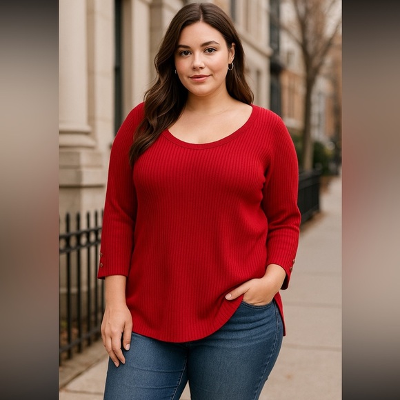 Lane Bryant Womens Size 18 Red Ribbed 3/4 Button Sleeve Pullover Sweater Work - Picture 1 of 11